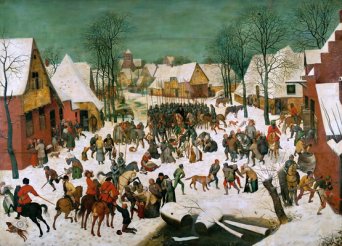 Избиение младенцев. около 1565-1567, дерево, масло. 109,2 × 158,1 смКоролевская коллекция, Хэмптон-корт, Лондон